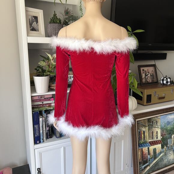 Vintage Fredericks of Hollywood Red Velvet Santa Feather Dress Plus Babydoll Sm - Picture 6 of 8